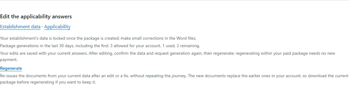 the package page and the create-again button